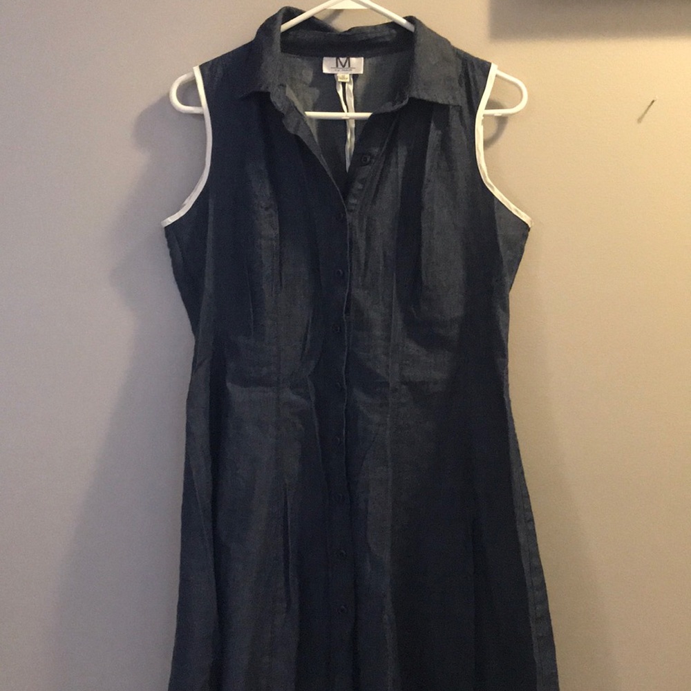 Button down denim dress with white trim